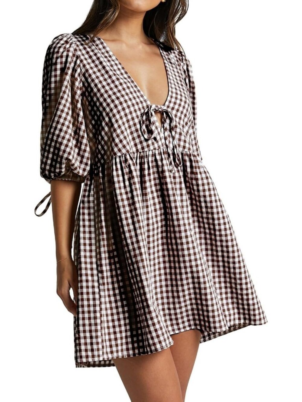 Gingham Puff Sleeve Tie Front Babydoll Mini Dress for Women - Cute Summer Style